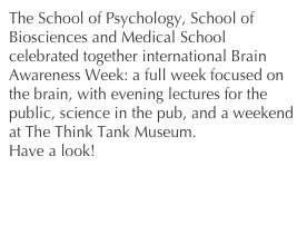 The School of Psychology, School of Biosciences and Medical School celebrated together international Brain Awareness Week: a full week focused on the brain, with evening lectures for the public, science in the pub, and a weekend at The Think Tank Museum. 
Have a look! 
http://www.birmingham.ac.uk/university/colleges/les/news/2017/16Feb-brain-awareness-week.aspx